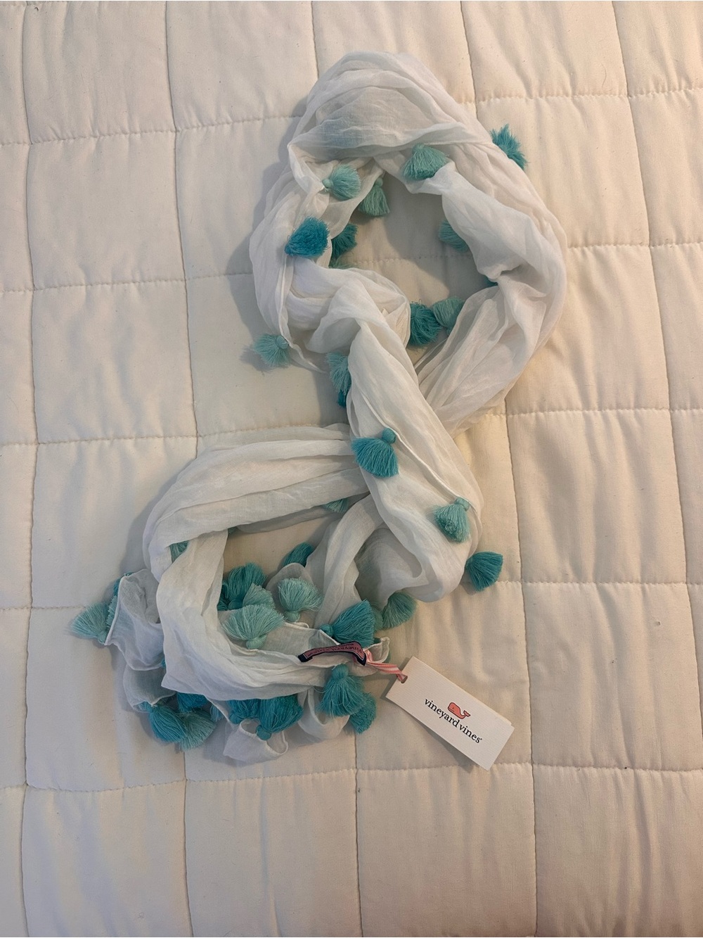 Vineyard Vines White Scarf with Teal Tassels